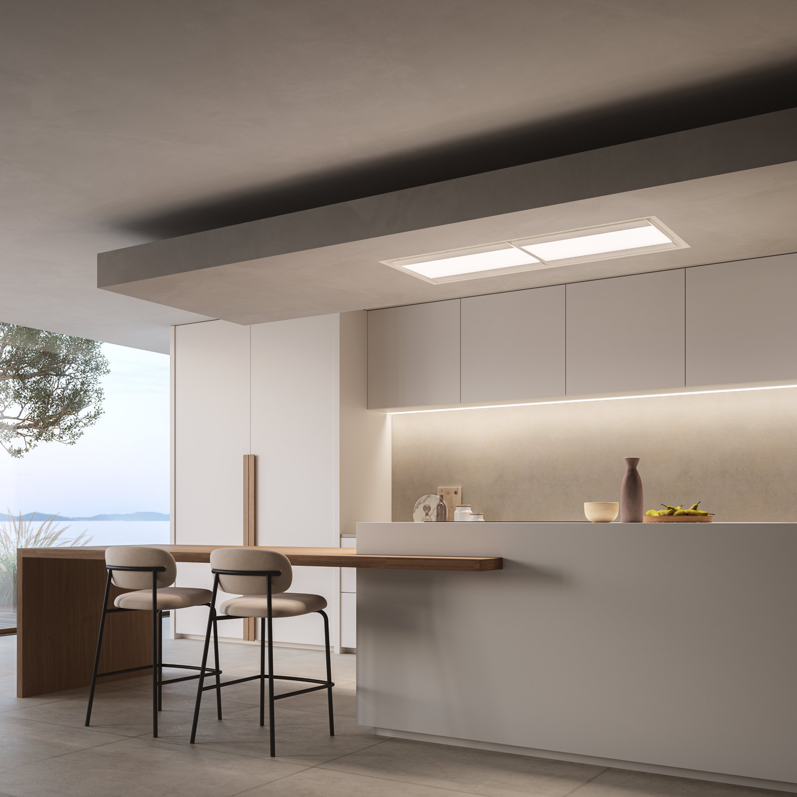 Lubinis gartraukis NUVOLA 140cm, be variklio, nuotolinis valdymas, Led 4x11 W - 2700 K / 5600 K, baltas Lubinis gartraukis NUVOLA 140cm, be variklio, nuotolinis valdymas, Led 4x11 W - 2700 K / 5600 K, baltas